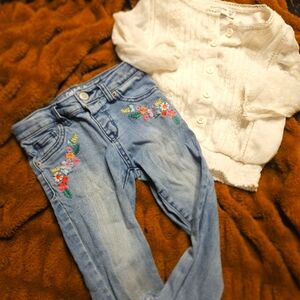 White Lace Top and Embroidered Jeans Set